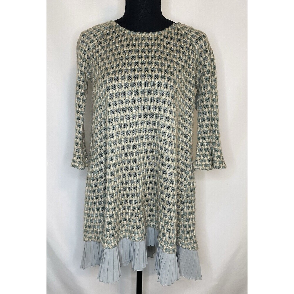A' reve Knit 3/4 Bell Sleeve Boho Beige Green Bow Sheer Pleated Women's SMALL